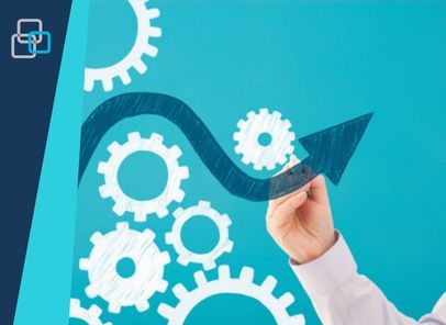 fulfillmentsq Graphic of an arrow moving some illustrated cogs, white on a blue background