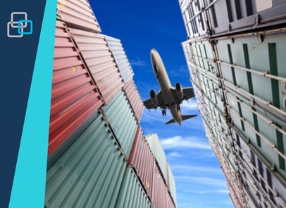 outboundsq Image of an aeroplane flying over a shipping container depot