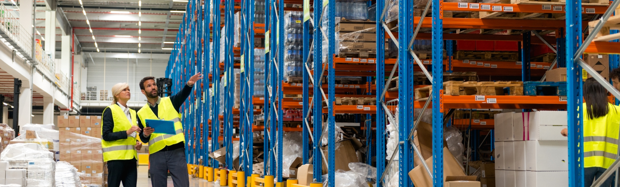 Two people in high vis jackets, stood in the aisle of a warehouse or factory, behind them there are tall shelves with packaged items on them