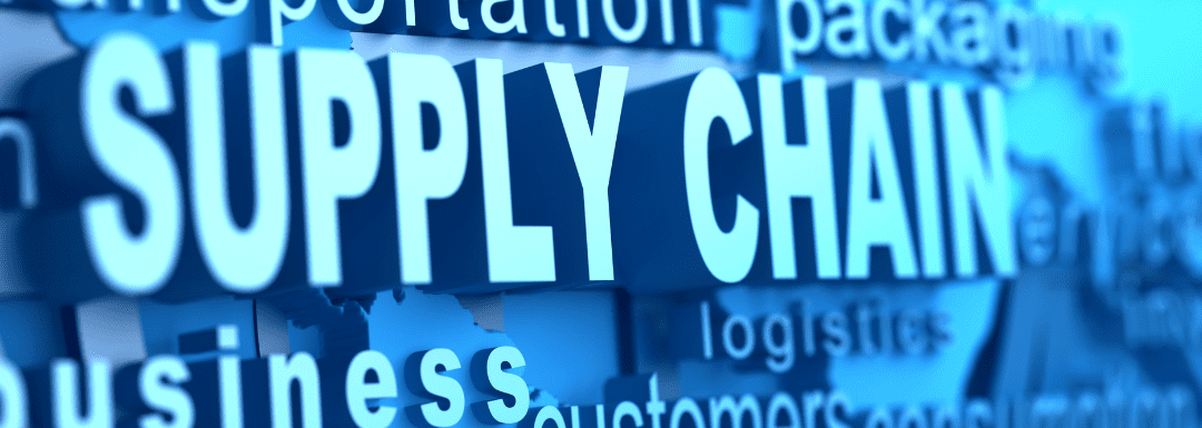 Supply chain graphic, business and logistics wording on a blue background