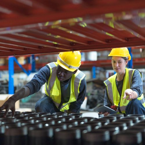 Warehouse workers checking tinned items stored on industrial shelving, they wear Personal protective equipment (PPE) clothing