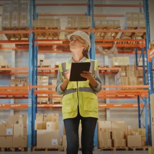 Warehouse worker in high visibility clothing checking off items on a list with stock stored on industrial shelving