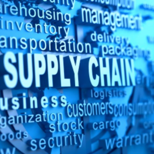 Supply chain graphic, business wording on a blue background
